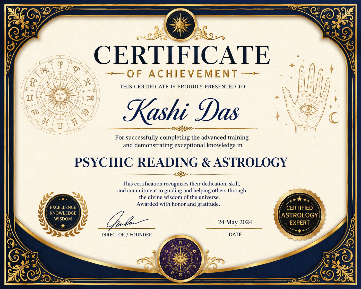 Psychic reading and relationship astrology consultation certificate of Astrologer Kashi Das