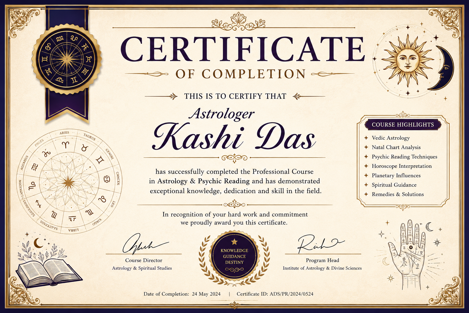 Astrologer Kashi Das recognition certificate related to Vedic astrology and psychic consultation