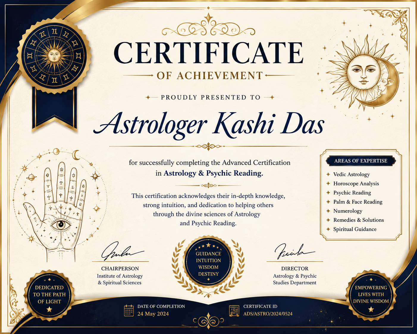 Astrologer Kashi Das certificate for psychic reading and spiritual guidance practice